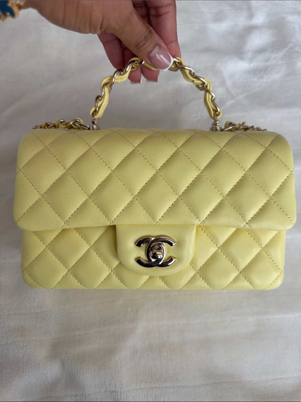 CHANEL Quilted Top-Handle Shoulder Bag in Pale Yellow
